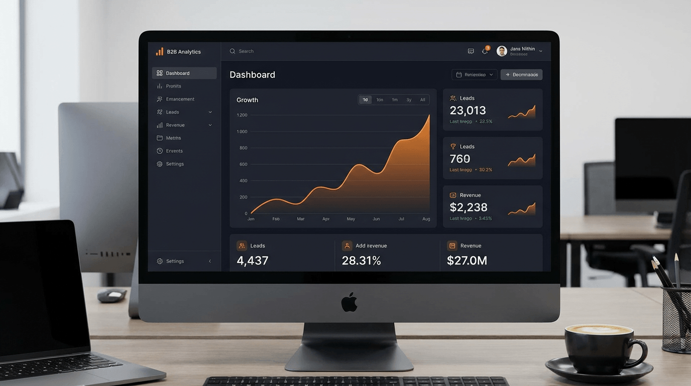 Close-up of a SaaS dashboard with orange trend lines.