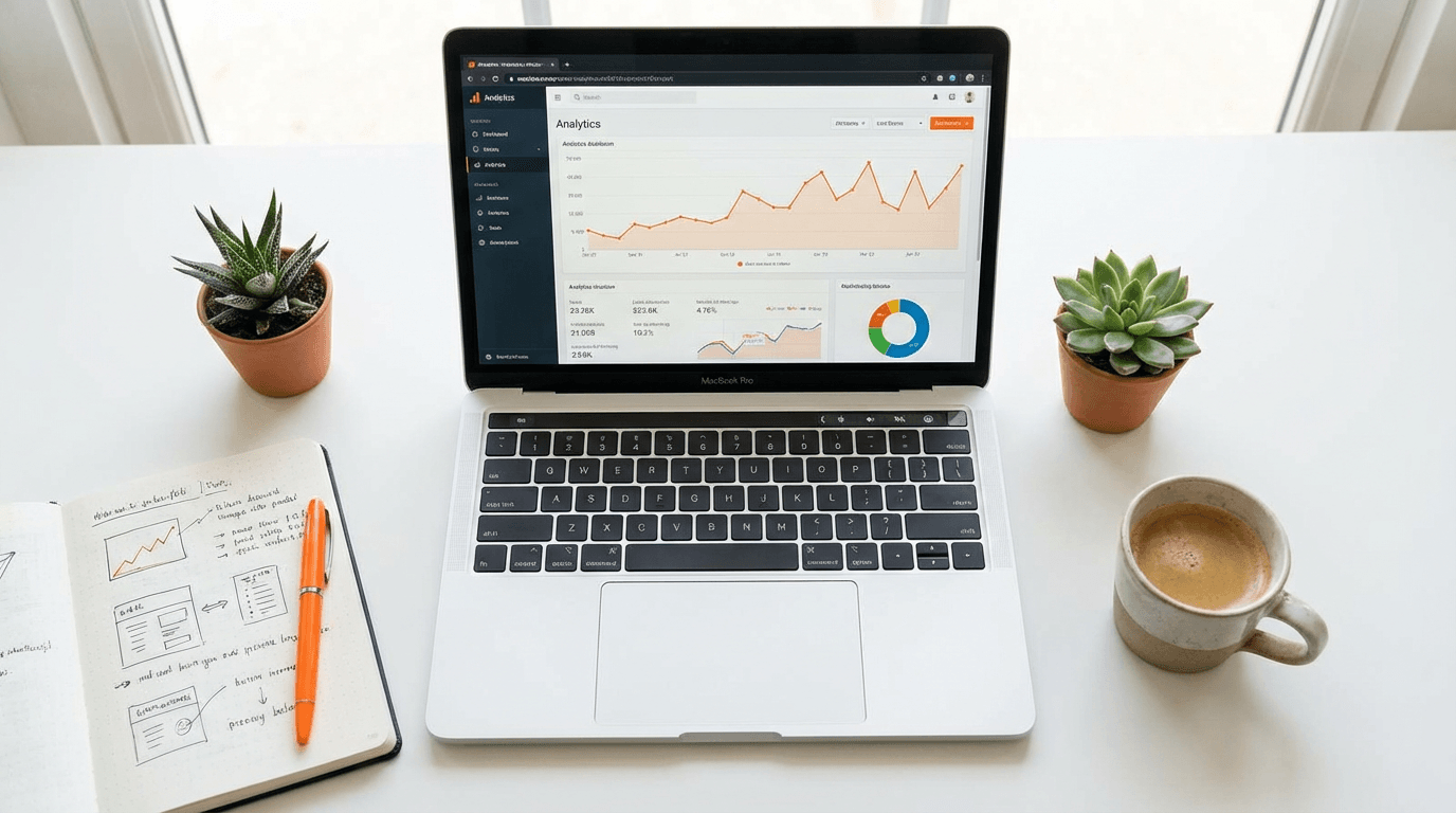 Clean content workspace with analytics screen and orange accessories.