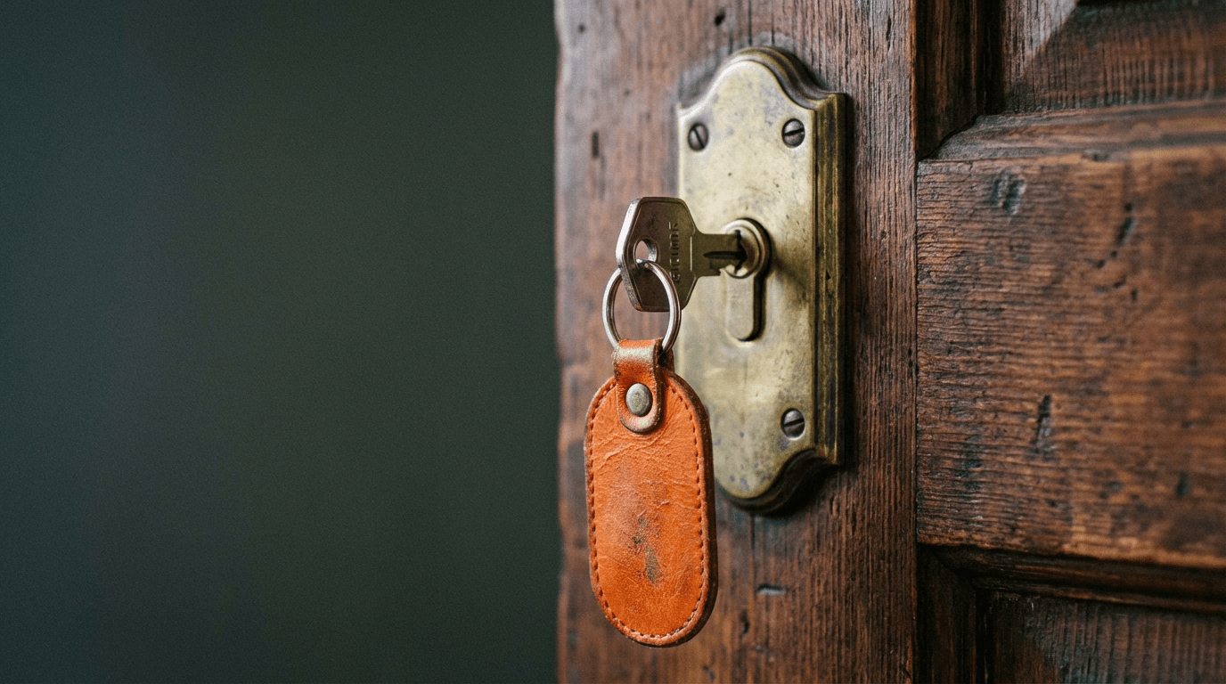 Brass lock and key on a dark background with premium bokeh.