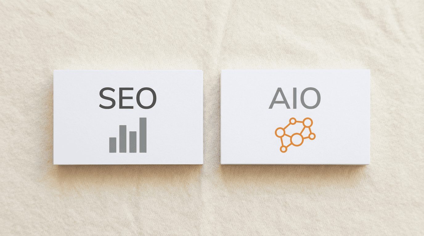 Two cards side by side: SEO with bar chart, AIO with orange network diagram on cream background