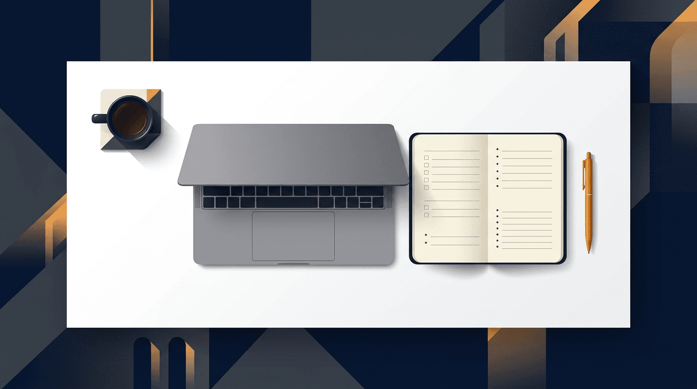 Small business desk with laptop, notebook, and warm orange accent. Content planning for growth.