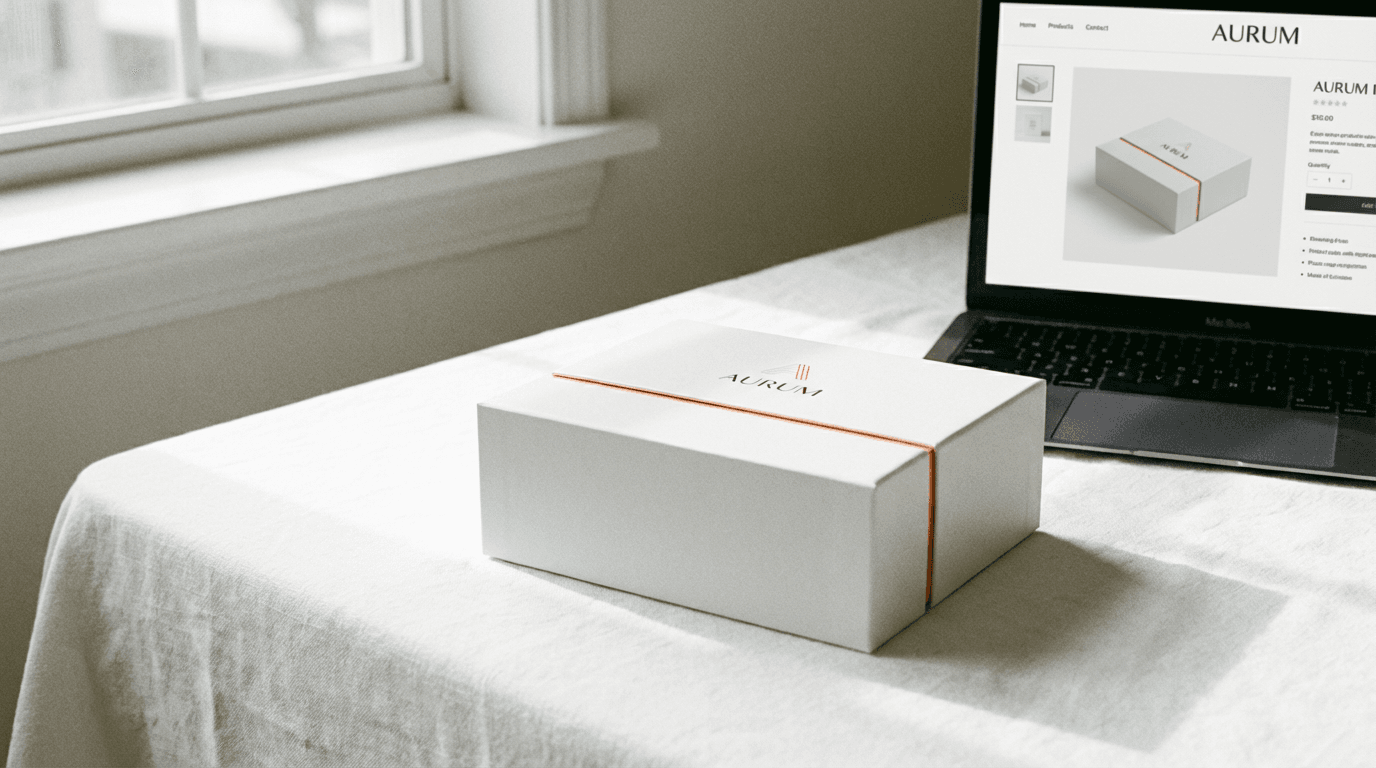 White product box on white surface with orange label detail, laptop with product page, minimal