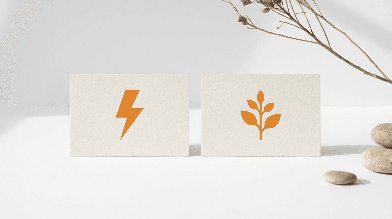 Two cards: left with orange lightning bolt (paid), right with orange growth icon (organic), white surface