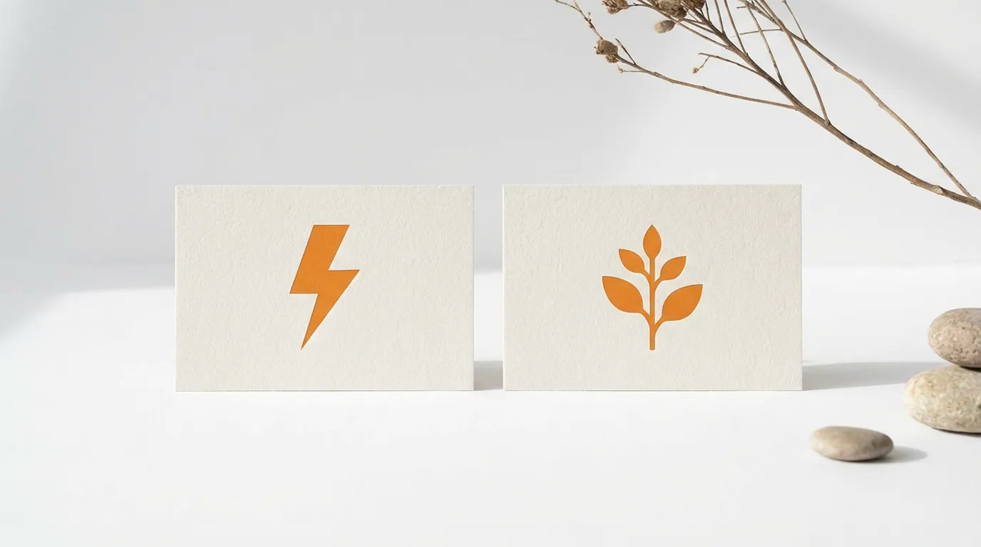 Two cards: left with orange lightning bolt (paid), right with orange growth icon (organic), white surface