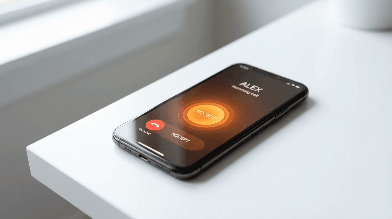 Smartphone with incoming call screen and orange accept button on white surface