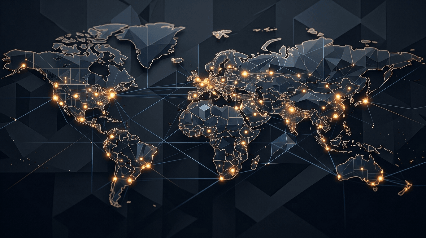 Minimal analytics lattice with signal nodes, navy background and amber highlights, editorial style.