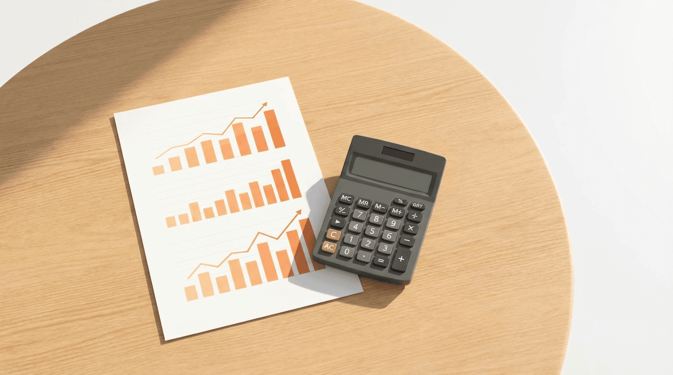 Printed report with bar charts and orange trending line, calculator, white desk, top-down