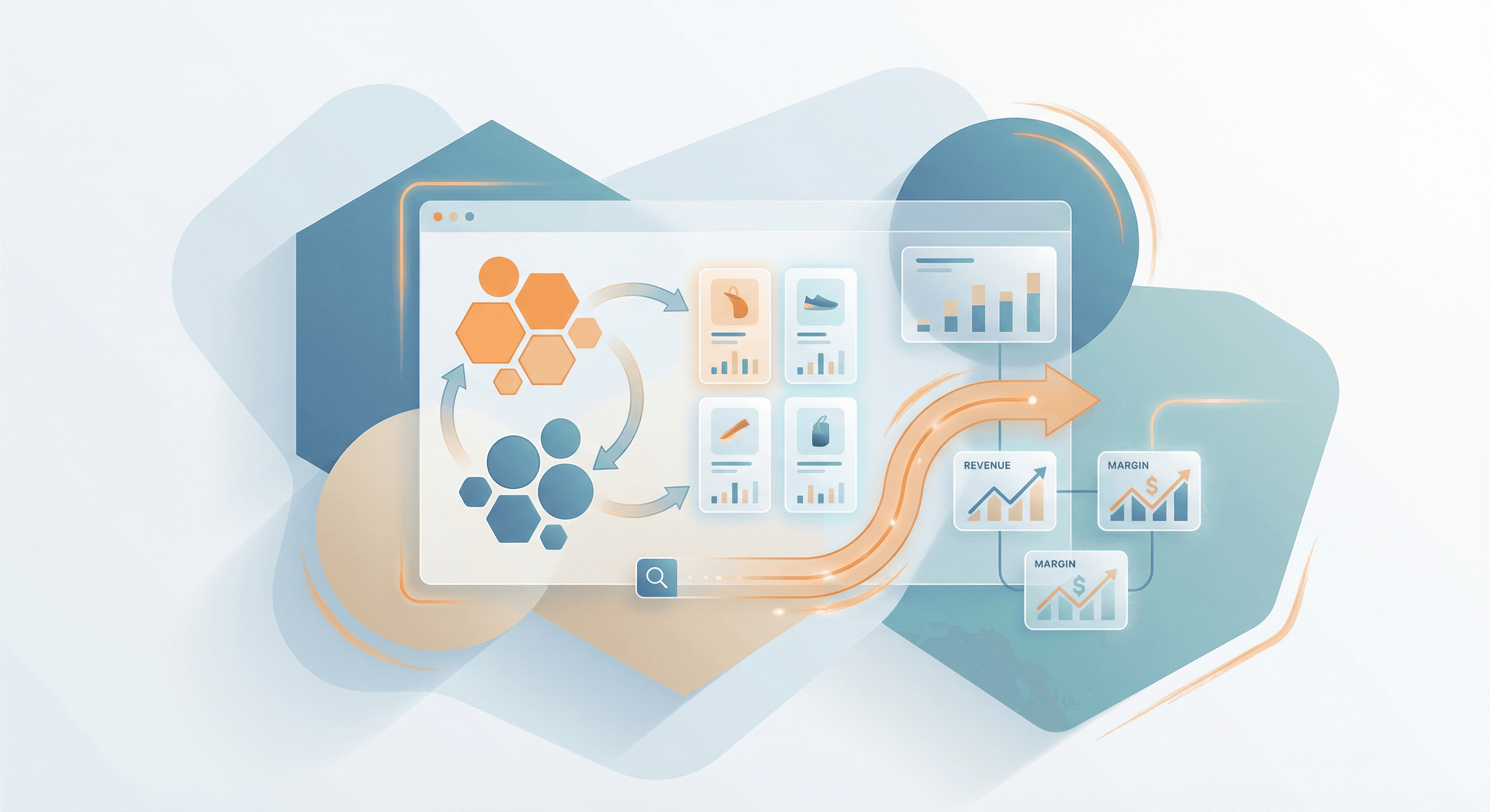 E-commerce SEO control panel with category clusters, product performance, and revenue metrics