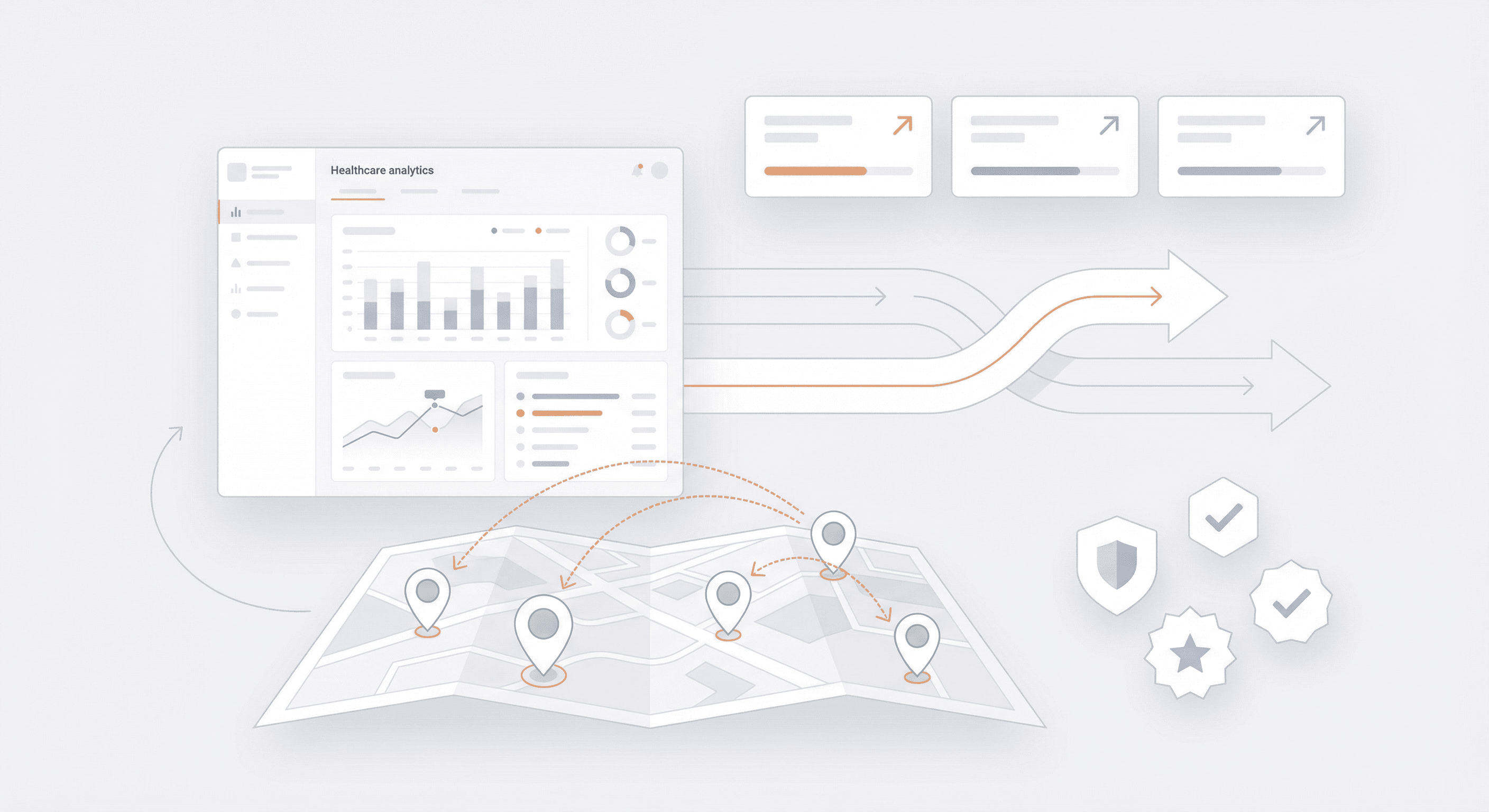 Healthcare growth dashboard with clinic locations, trust signals, and patient journey map