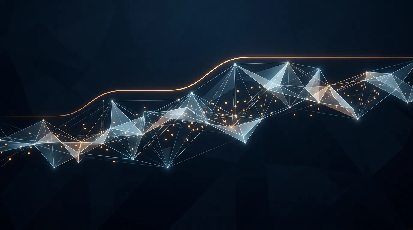 Abstract AI answer surface with citation nodes, minimal geometric style, navy and warm amber.