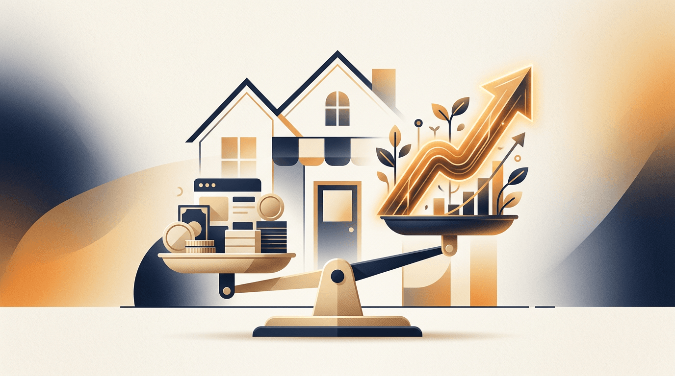 Small business growth scale balancing ad spend and organic, abstract minimal, navy amber.