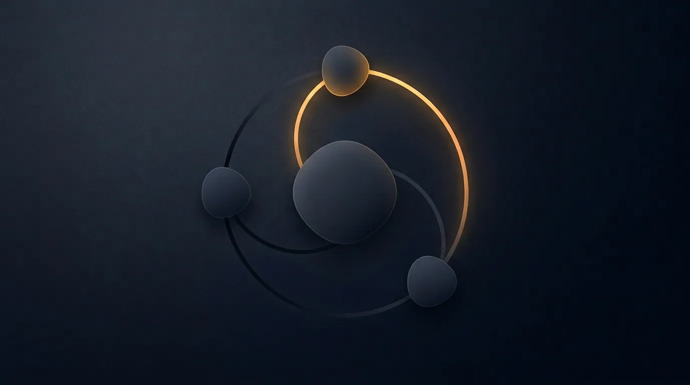 Minimal diagram of web pages connected by links to a central brand node, editorial style, navy and warm amber accents.