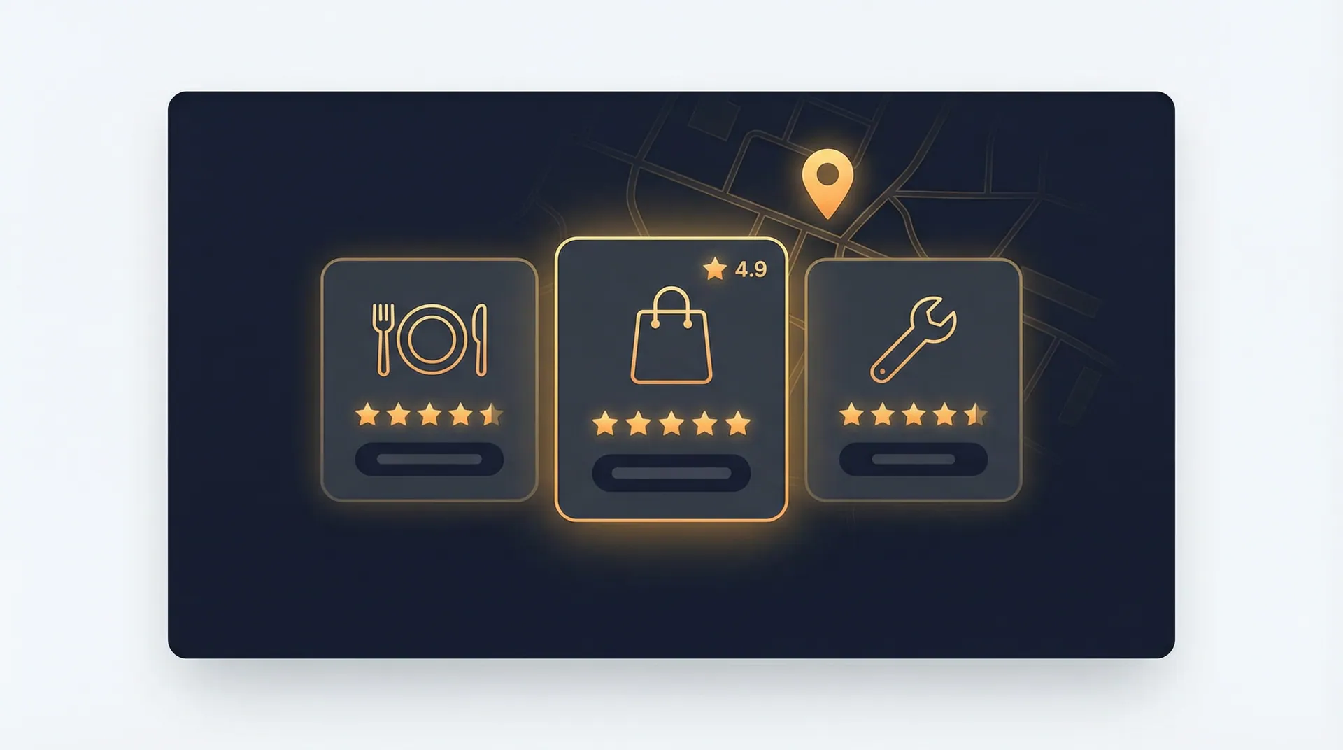 Local map pack cards with review stars and category labels