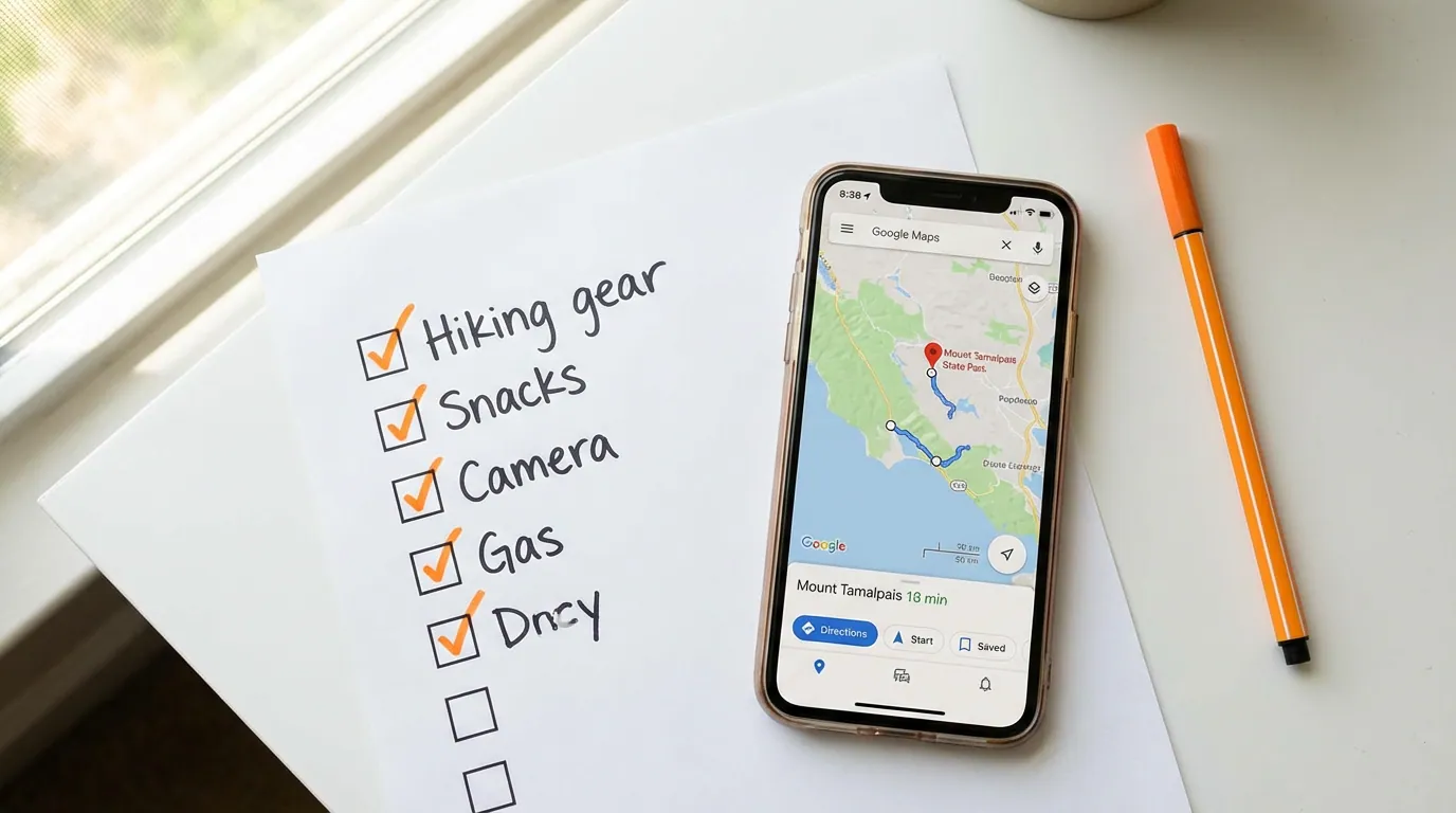 Paper checklist, smartphone with Google Maps pin and orange pen on white desk