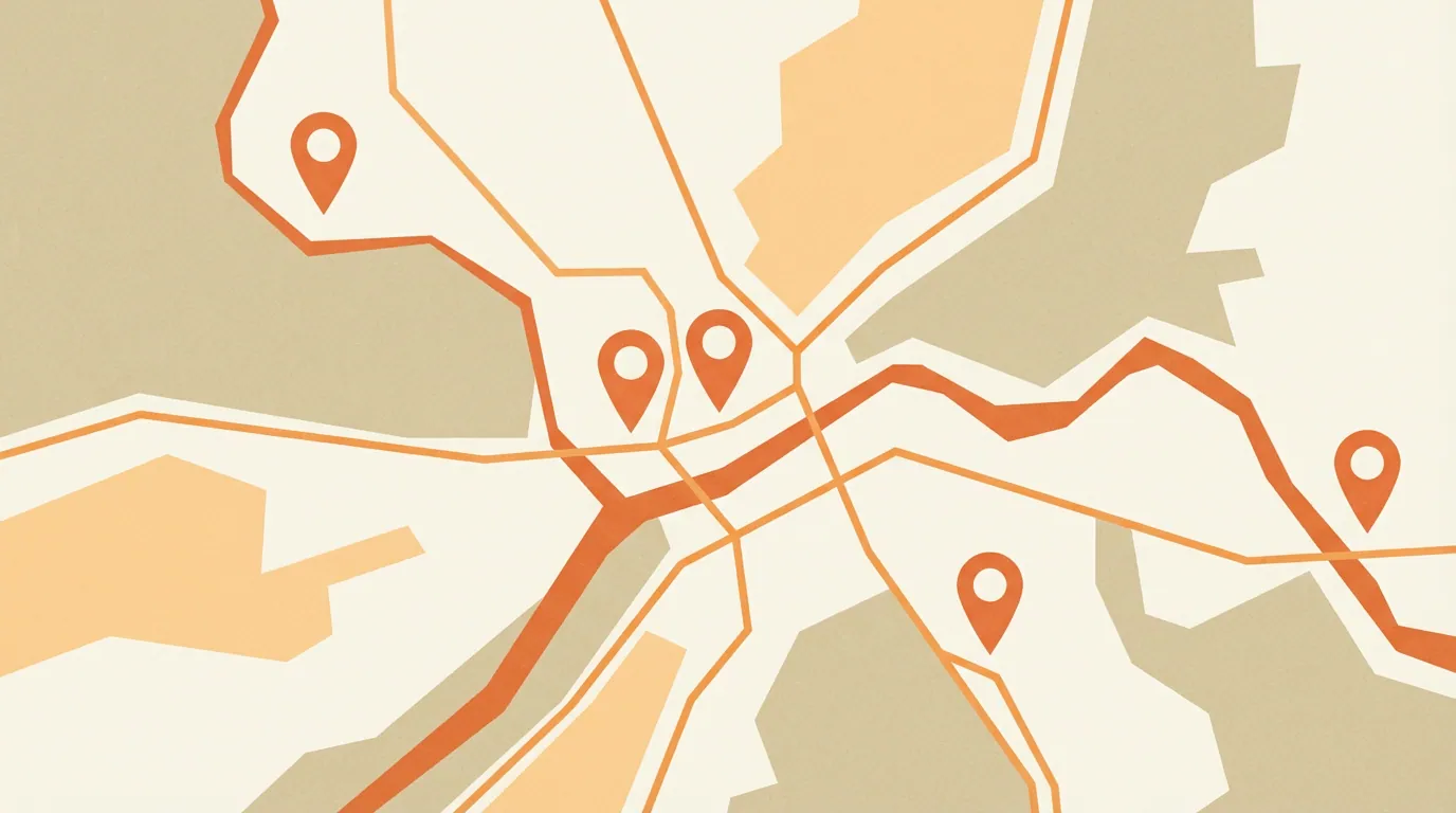 Minimal map with five orange location pins on cream background, editorial style