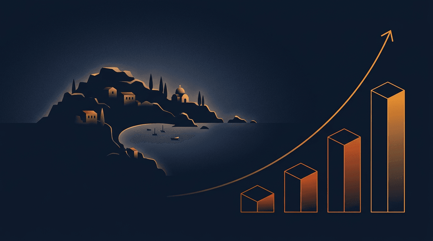 Abstract Mediterranean business map motif with budget and growth curve, navy charcoal amber, no flags, editorial minimal.
