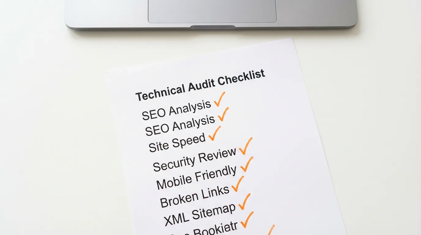 Technical audit checklist on white paper with orange checkmarks, laptop keyboard, top-down