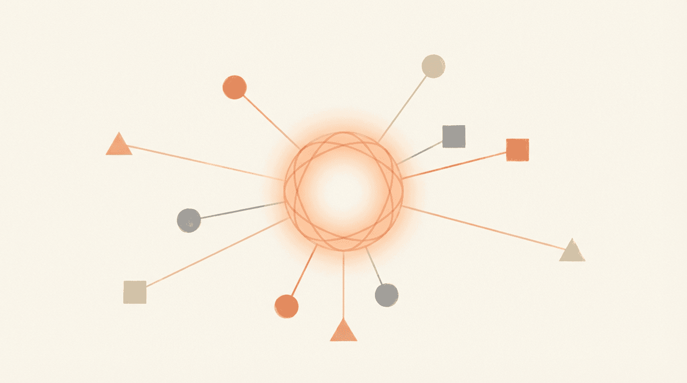 Abstract network nodes with orange glowing center on cream background