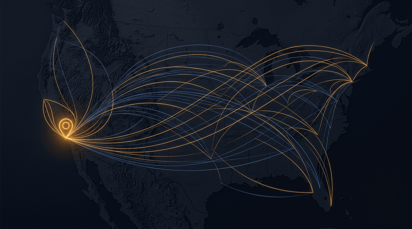 Map arc from local pin to national coverage, abstract minimal, navy and amber accents.