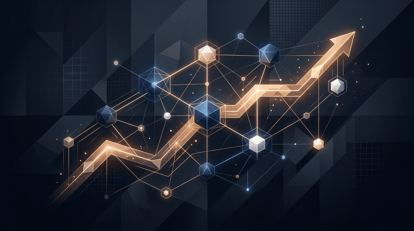 Abstract growth dashboard motif with connected channels, navy and amber accents, editorial minimal style.